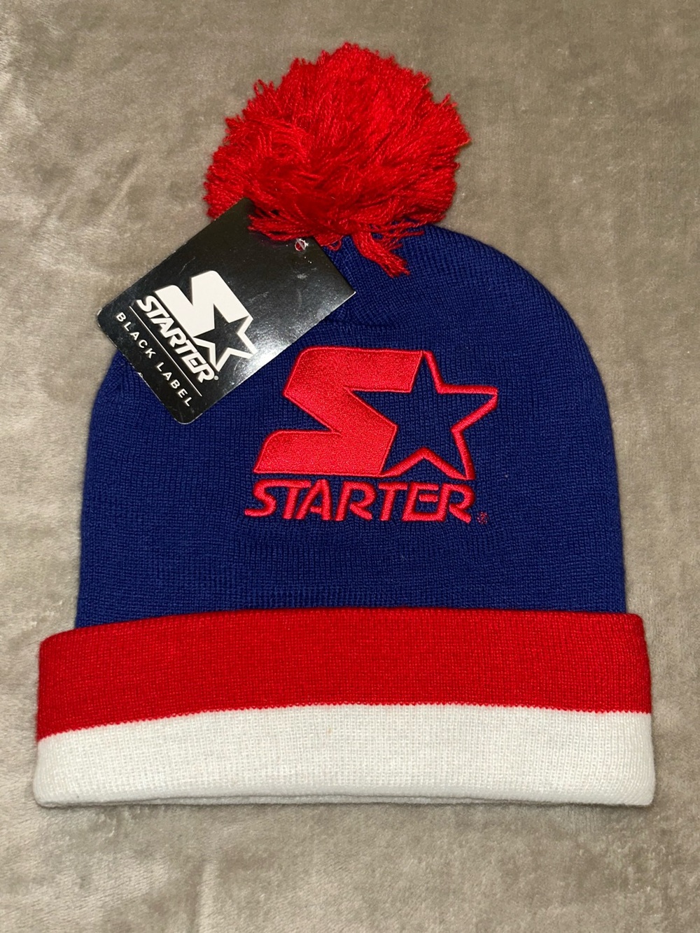 NWT Starter Black Label Pom Beanie - Blue with Red & White